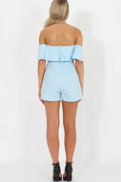 Rebellious Fashion Blue Off The Should Frill Playsuit - Annalix