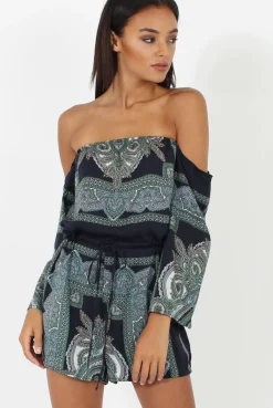 Rebellious Fashion Blue Paisley Off The Shoulder Playsuit - Chelsey