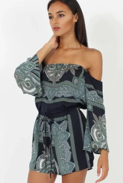 Rebellious Fashion Blue Paisley Off The Shoulder Playsuit - Chelsey