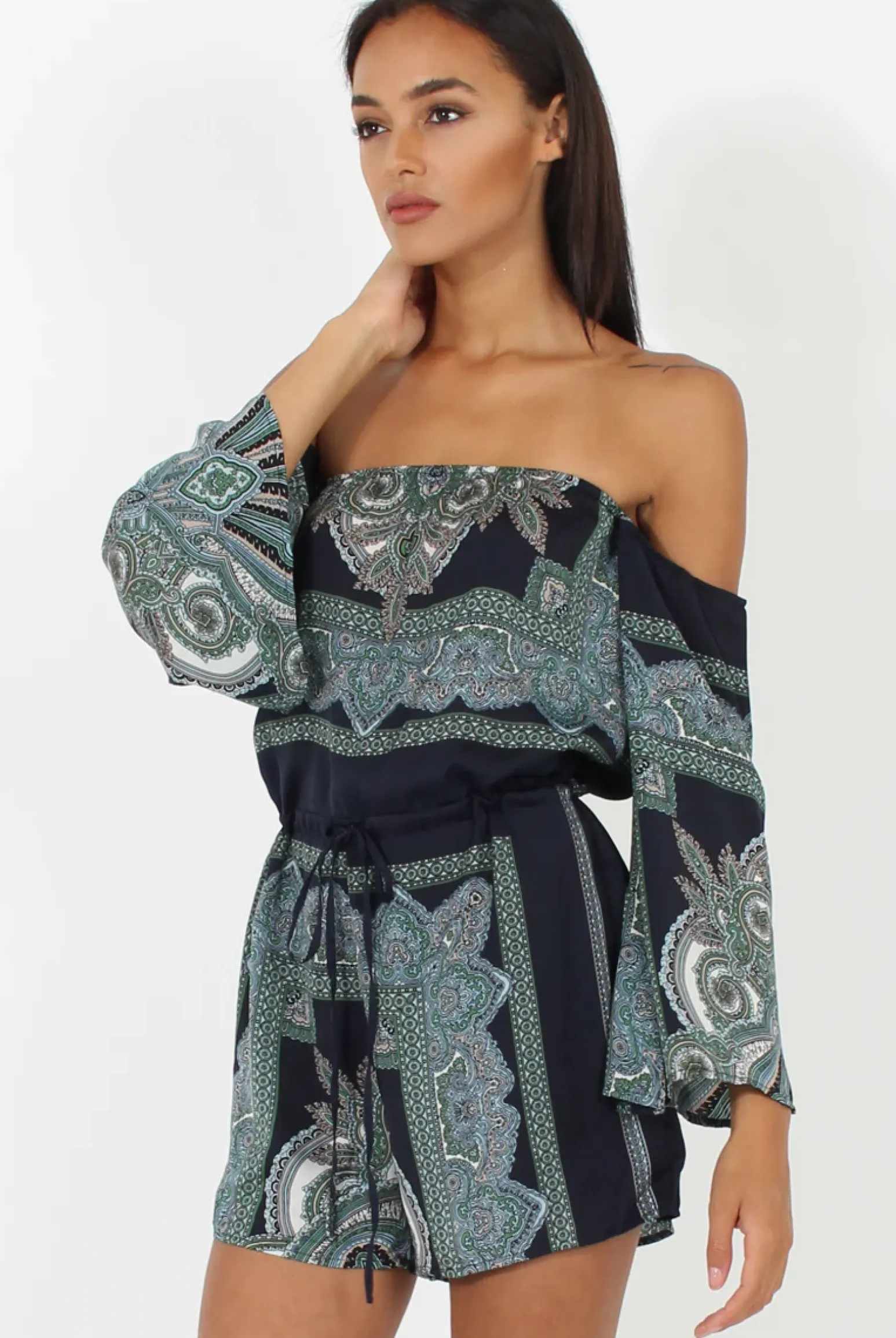 Rebellious Fashion Blue Paisley Off The Shoulder Playsuit - Chelsey