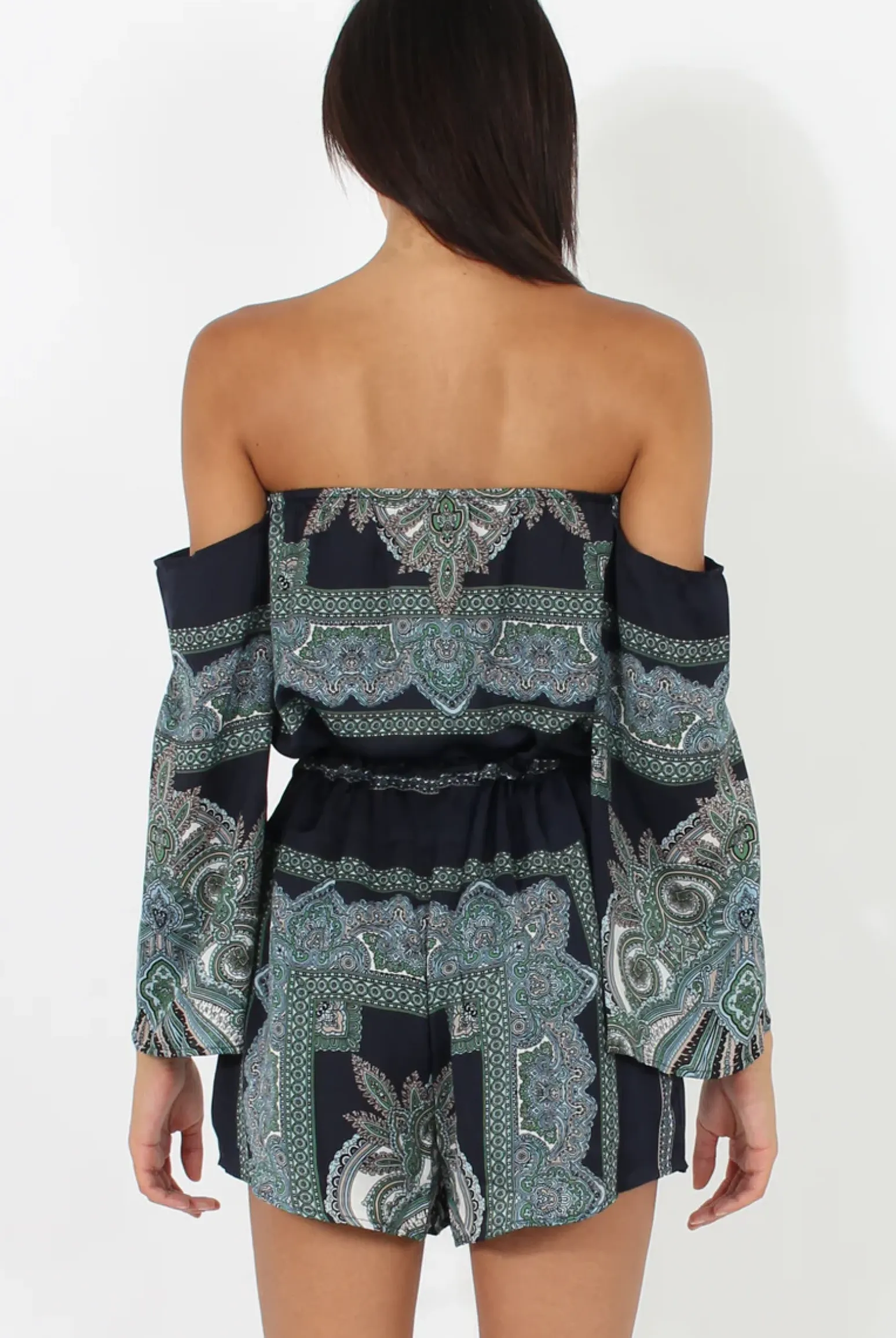 Rebellious Fashion Blue Paisley Off The Shoulder Playsuit - Chelsey