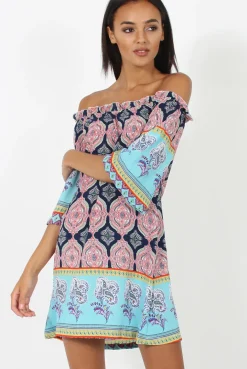 Rebellious Fashion Blue Paisley Print Bardot Frill Trim Dress - Tanya