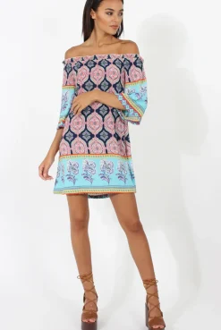 Rebellious Fashion Blue Paisley Print Bardot Frill Trim Dress - Tanya