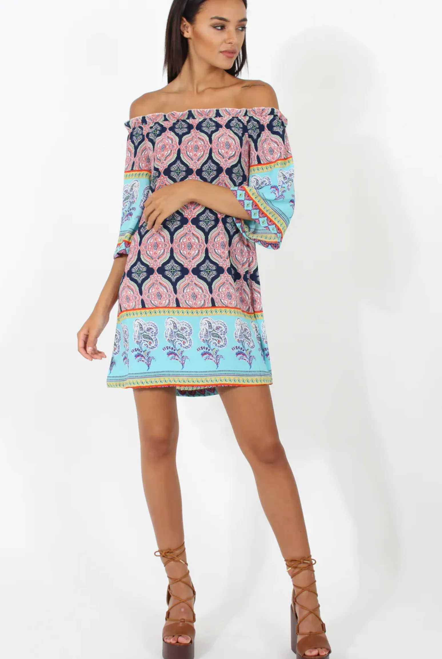 Rebellious Fashion Blue Paisley Print Bardot Frill Trim Dress - Tanya