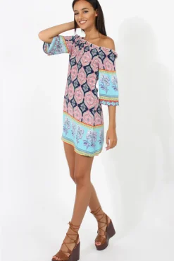 Rebellious Fashion Blue Paisley Print Bardot Frill Trim Dress - Tanya