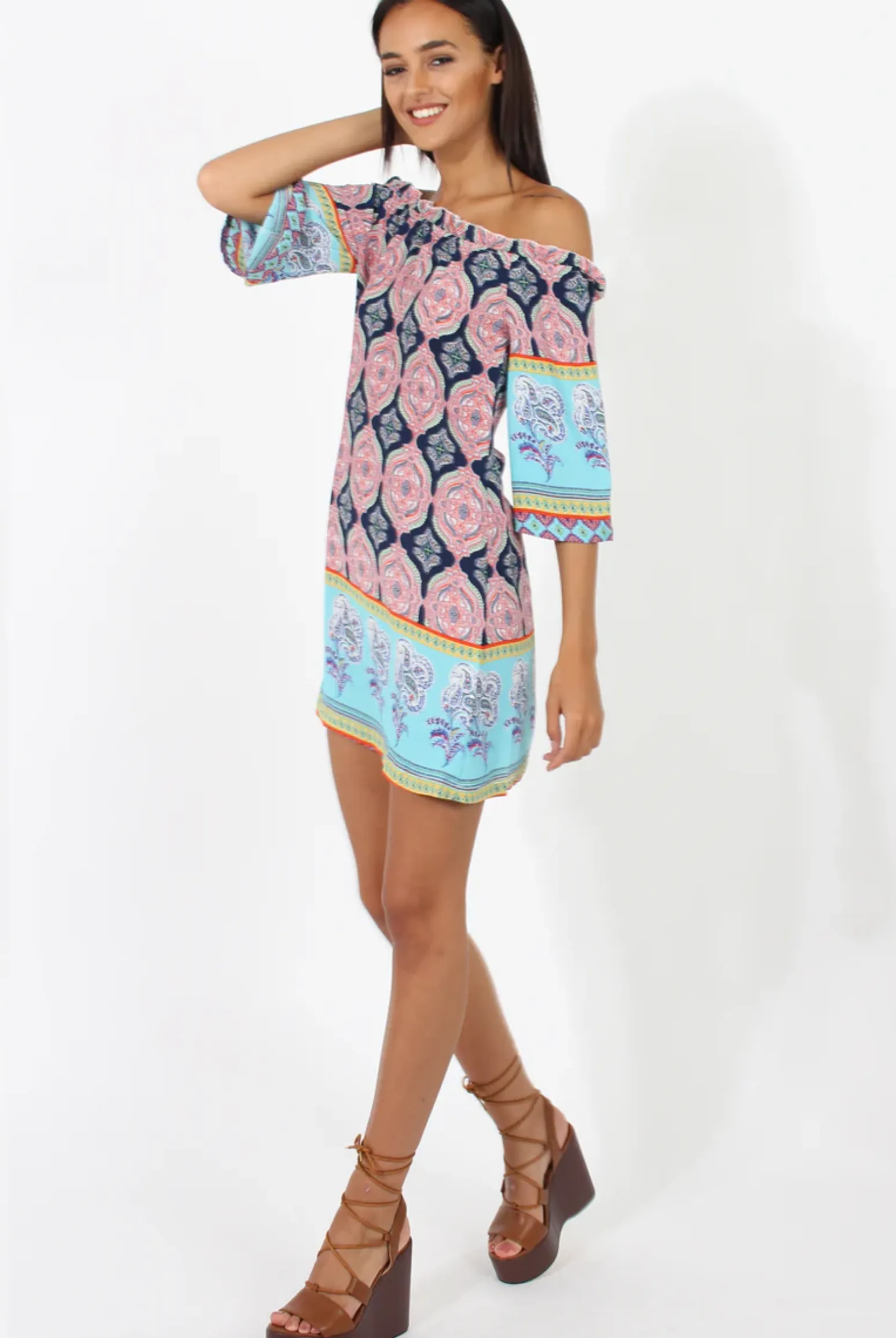 Rebellious Fashion Blue Paisley Print Bardot Frill Trim Dress - Tanya
