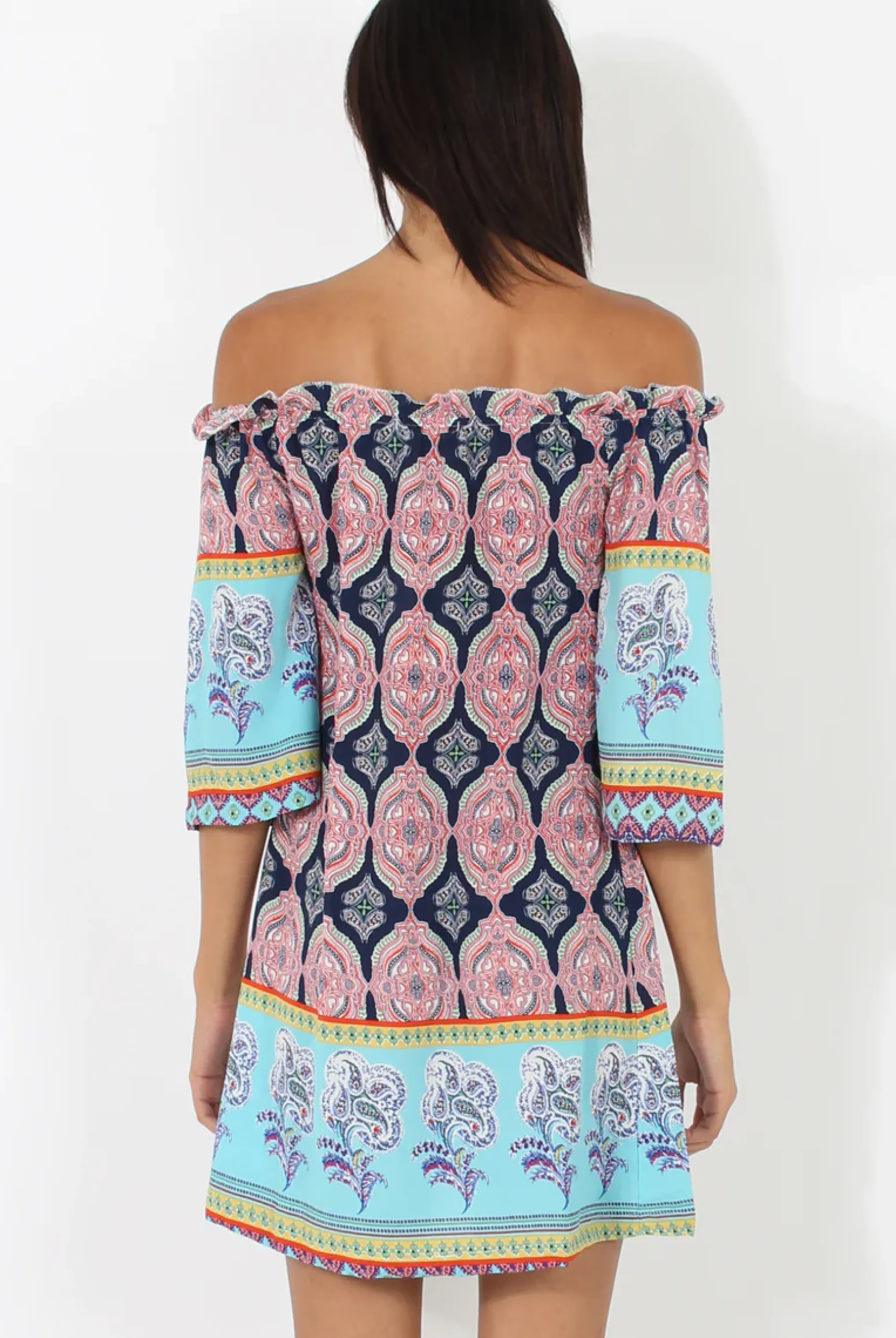 Rebellious Fashion Blue Paisley Print Bardot Frill Trim Dress - Tanya