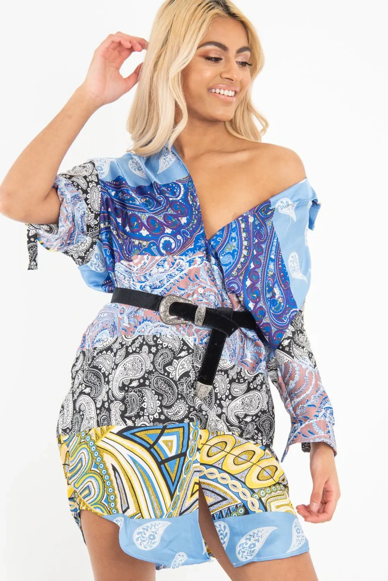 Rebellious Fashion Blue Paisley Satin Midi Shirt Dress - Ilsa