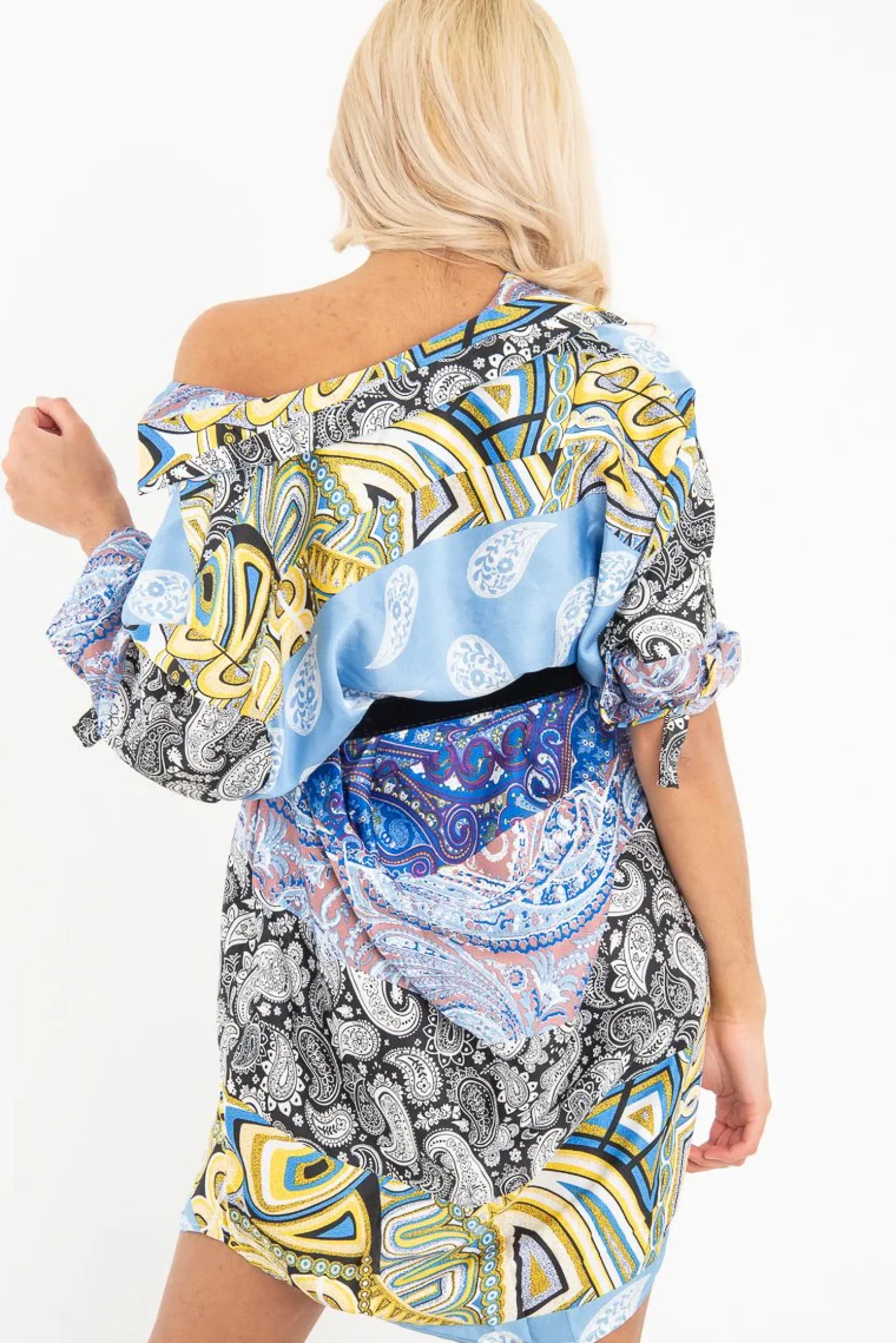 Rebellious Fashion Blue Paisley Satin Midi Shirt Dress - Ilsa