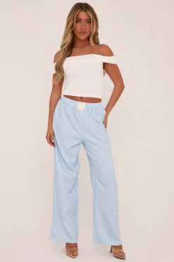 Rebellious Fashion Blue Pinstripe Elasticated Waist Straight Leg Trousers - Doris