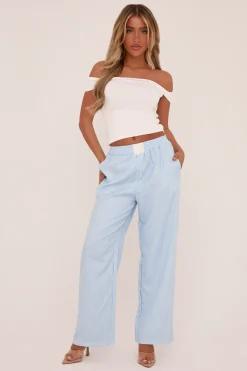 Rebellious Fashion Blue Pinstripe Elasticated Waist Straight Leg Trousers - Doris