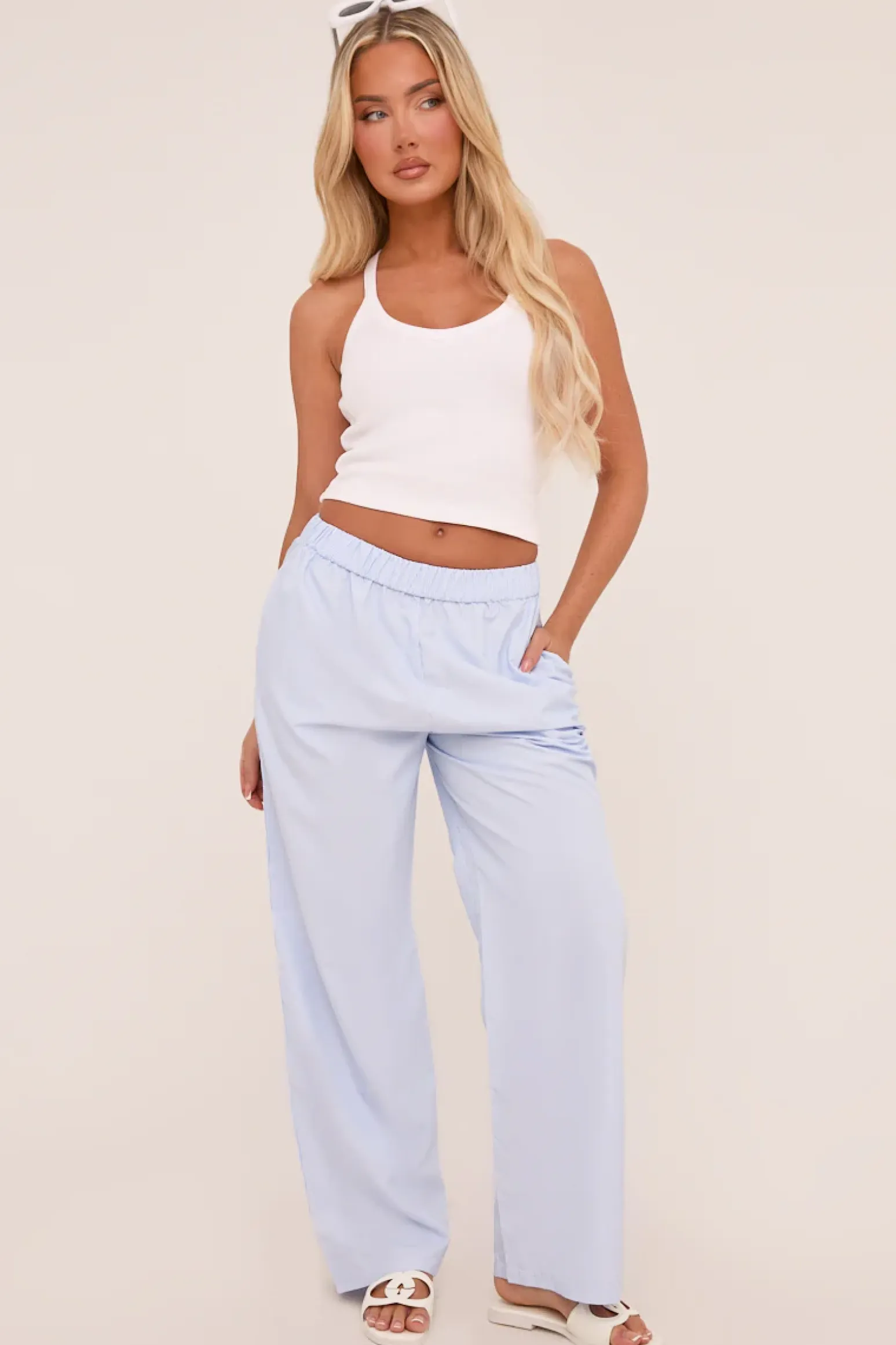 Rebellious Fashion Blue Pinstripe Elasticated Waist Straight Leg Trousers - Darcie