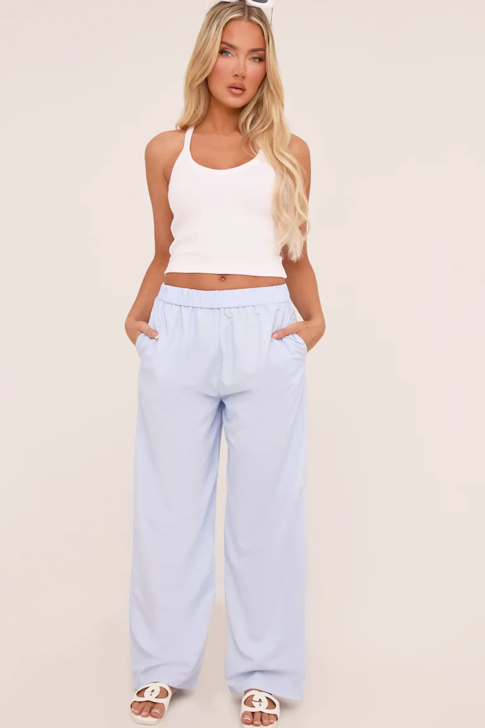 Rebellious Fashion Blue Pinstripe Elasticated Waist Straight Leg Trousers - Darcie