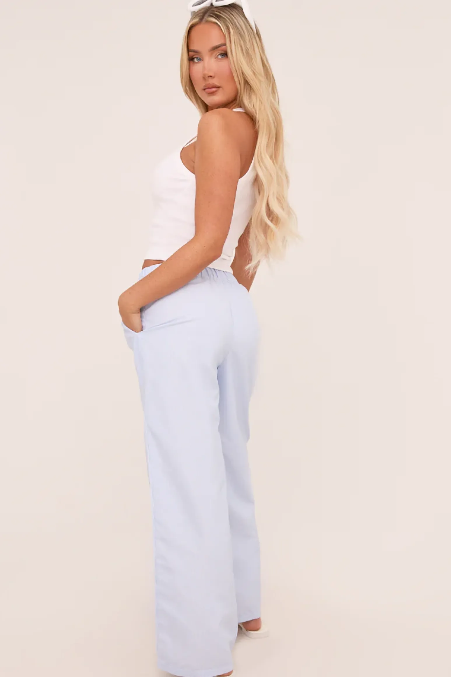 Rebellious Fashion Blue Pinstripe Elasticated Waist Straight Leg Trousers - Darcie