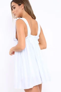 Rebellious Fashion Blue Pinstripe Plunge Dress - Tilia