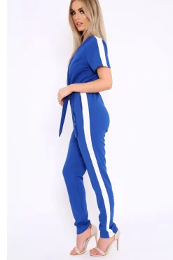 Rebellious Fashion Blue Plunge Front Contrast Side Stripe Jumpsuit - Jayah