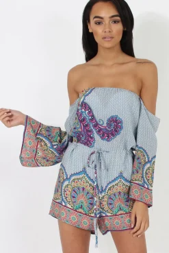 Rebellious Fashion Blue Print Bardot Playsuit - Faith