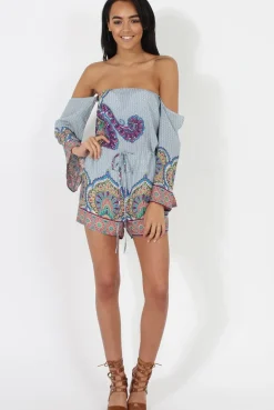 Rebellious Fashion Blue Print Bardot Playsuit - Faith