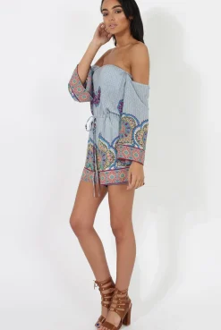 Rebellious Fashion Blue Print Bardot Playsuit - Faith