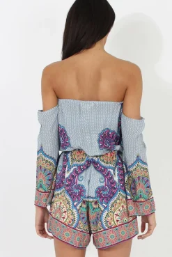 Rebellious Fashion Blue Print Bardot Playsuit - Faith