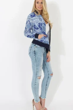 Rebellious Fashion Blue Print Bomber Jacket - Naomie