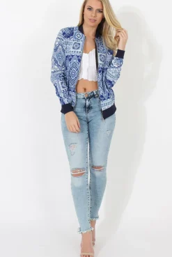 Rebellious Fashion Blue Print Bomber Jacket - Naomie