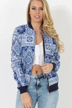 Rebellious Fashion Blue Print Bomber Jacket - Naomie