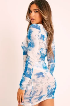 Rebellious Fashion Blue Printed Mesh Long Sleeve Bodycon Dress - Italia