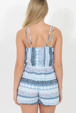 Rebellious Fashion Blue Print Tassel Detail Playsuit - Athea