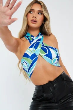 Rebellious Fashion Blue Print Tie Halter Neck Crop Top - Aashi