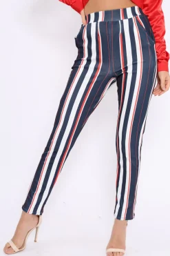 Rebellious Fashion Blue Red and White Striped Tapered Trousers - Jasmyn