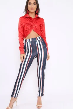 Rebellious Fashion Blue Red and White Striped Tapered Trousers - Jasmyn