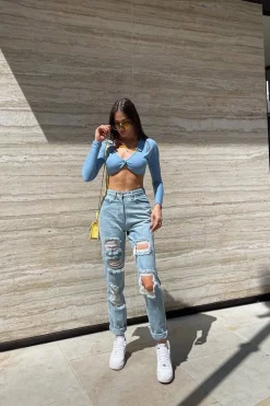 Rebellious Fashion Blue Ribbed Button Fastening Crop Top - Francia
