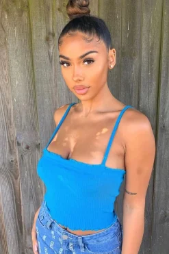 Rebellious Fashion Blue Ribbed Frill Edge Crop Top - Zura
