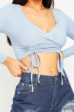 Rebellious Fashion Blue Ribbed Plunge Neckline Crop Top - Kaile