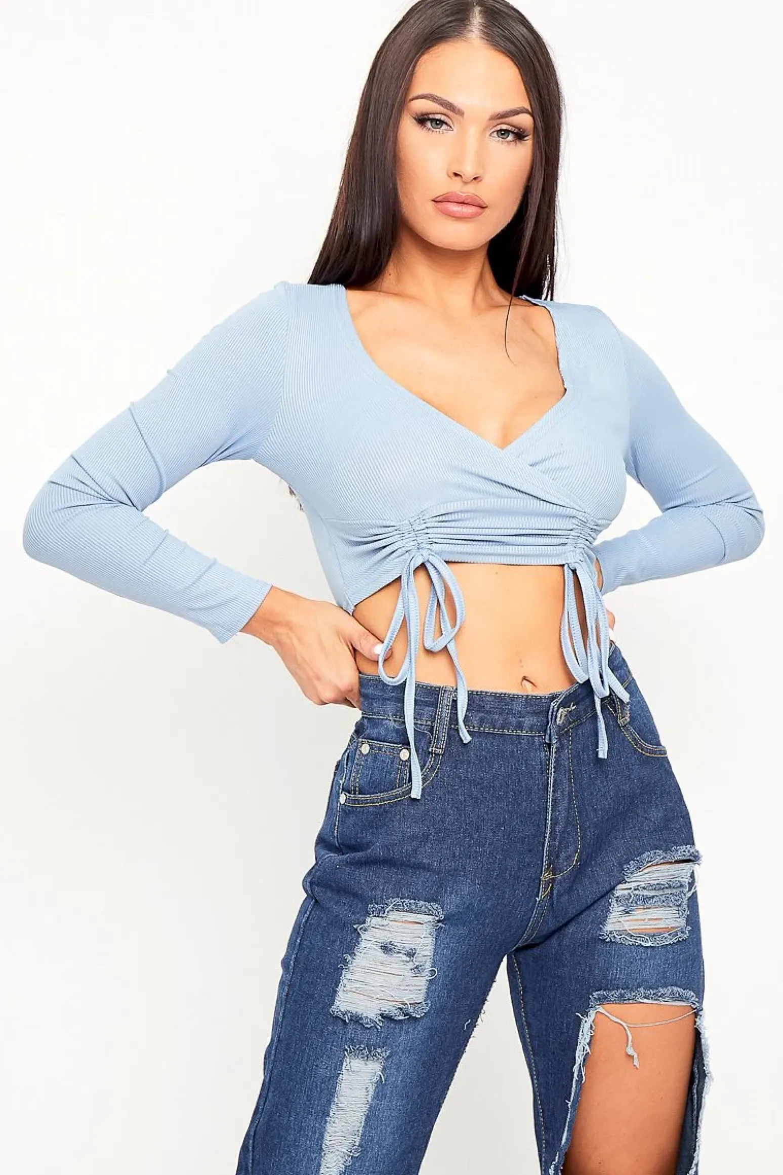 Rebellious Fashion Blue Ribbed Plunge Neckline Crop Top - Kaile