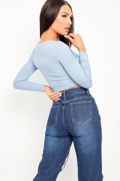 Rebellious Fashion Blue Ribbed Plunge Neckline Crop Top - Kaile