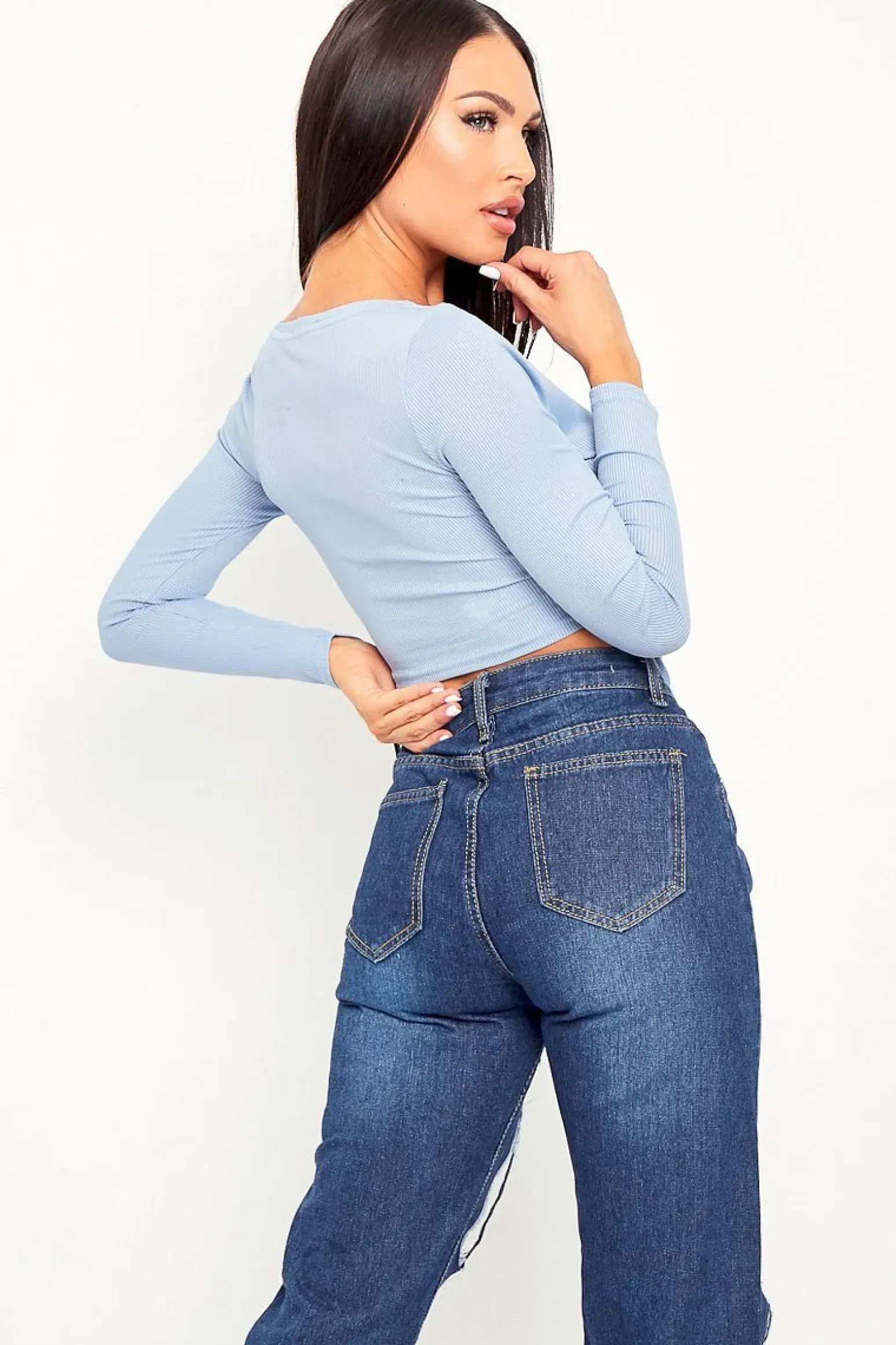 Rebellious Fashion Blue Ribbed Plunge Neckline Crop Top - Kaile