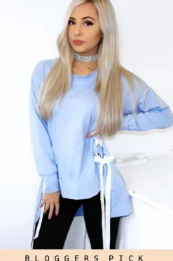 Rebellious Fashion Blue Ribbon Lace Up Dipped Hem Jumper - Wilma