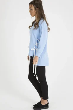 Rebellious Fashion Blue Ribbon Lace Up Dipped Hem Jumper - Wilma