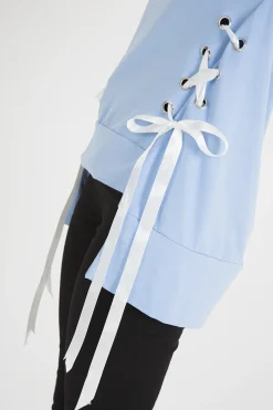 Rebellious Fashion Blue Ribbon Lace Up Dipped Hem Jumper - Wilma