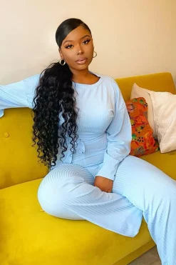 Rebellious Fashion Blue Rib Crop Jumper Tie Wide Leg Trousers Loungewear Co-Ord - Mirabel
