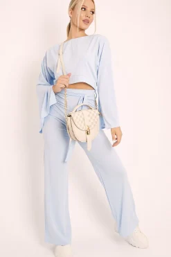 Rebellious Fashion Blue Rib Crop Jumper Tie Wide Leg Trousers Loungewear Co-Ord - Mirabel