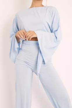 Rebellious Fashion Blue Rib Crop Jumper Tie Wide Leg Trousers Loungewear Co-Ord - Mirabel