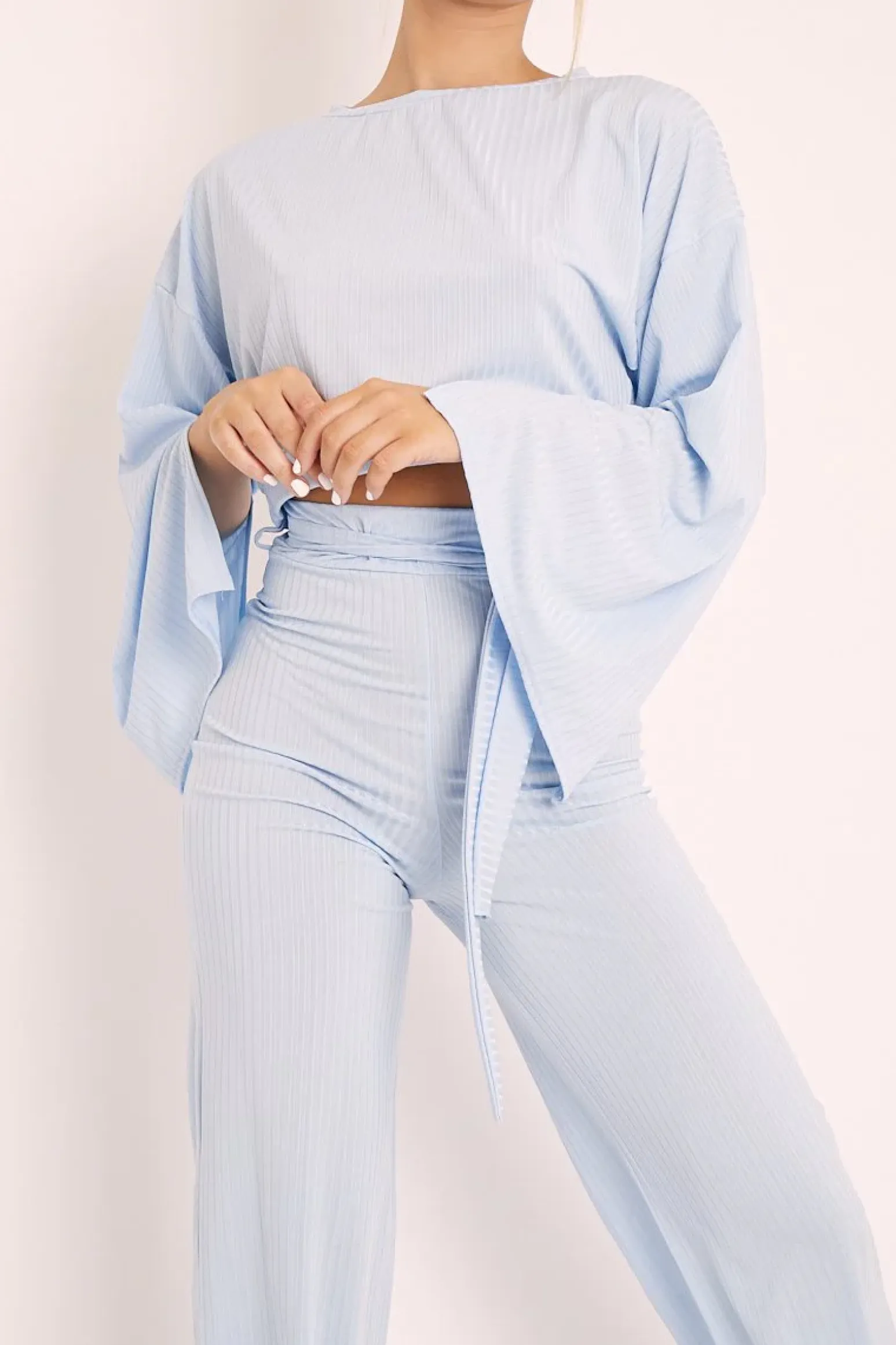 Rebellious Fashion Blue Rib Crop Jumper Tie Wide Leg Trousers Loungewear Co-Ord - Mirabel