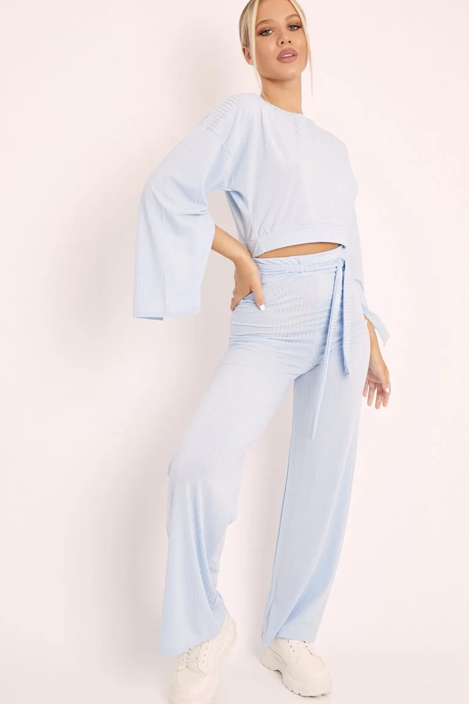 Rebellious Fashion Blue Rib Crop Jumper Tie Wide Leg Trousers Loungewear Co-Ord - Mirabel