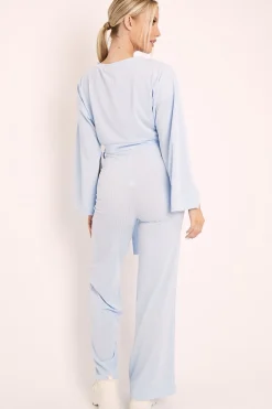Rebellious Fashion Blue Rib Crop Jumper Tie Wide Leg Trousers Loungewear Co-Ord - Mirabel