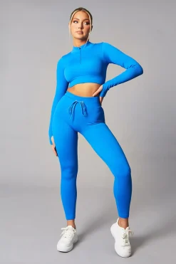 Rebellious Fashion Blue Rib Knit Zip Front Crop Top & Leggings Set - Nico