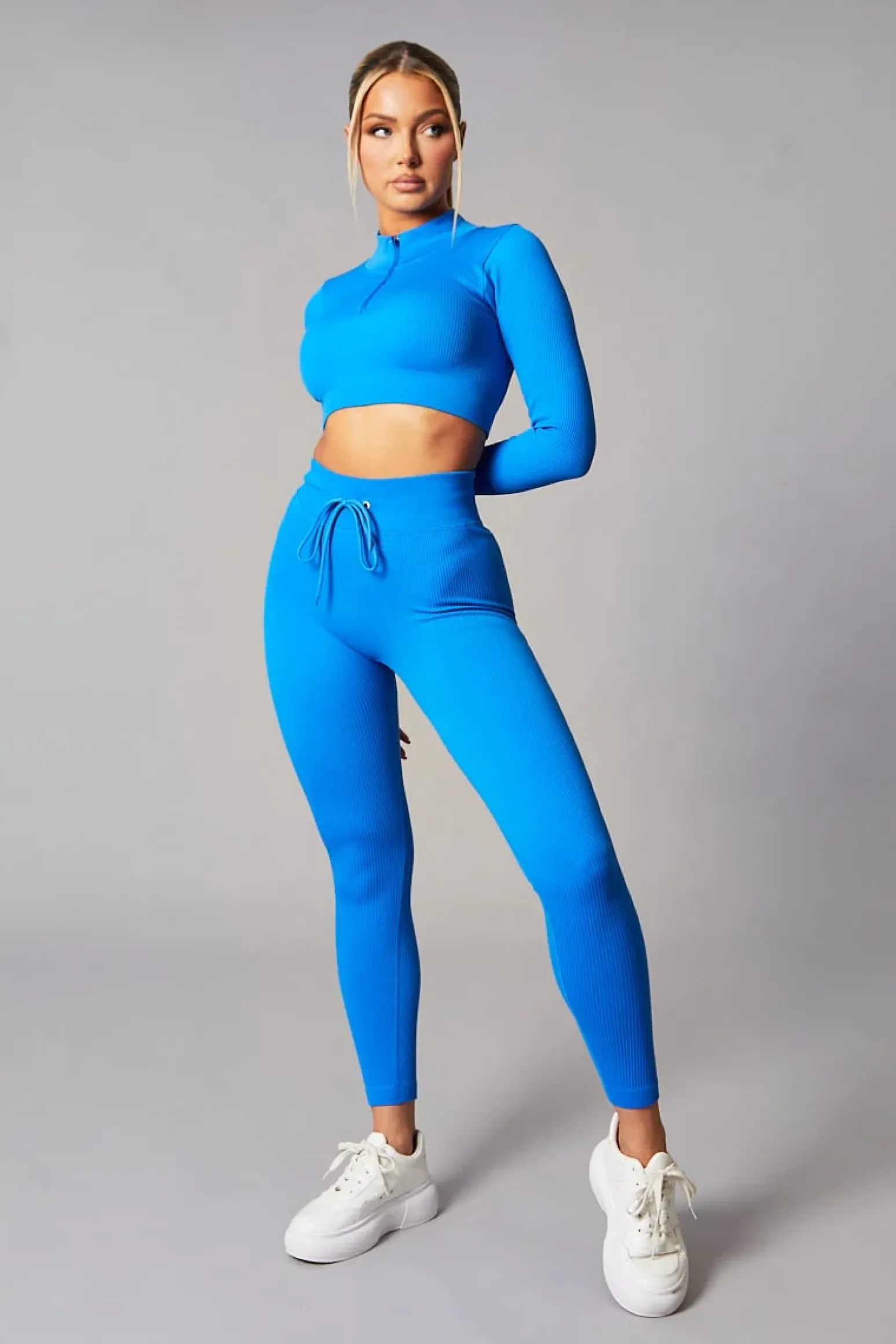 Rebellious Fashion Blue Rib Knit Zip Front Crop Top & Leggings Set - Nico