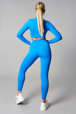 Rebellious Fashion Blue Rib Knit Zip Front Crop Top & Leggings Set - Nico
